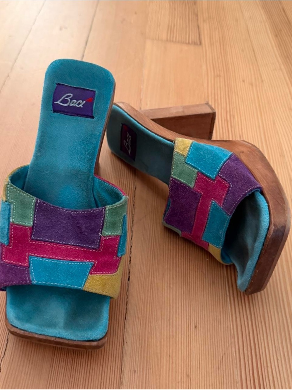 Multicolor Suede Patchwork Platform Sandals - Turquoise & Purple